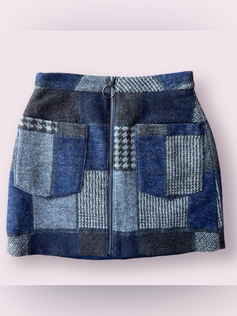 BCBGMaxAzria Mollee Mixed Print Front Zip Mini Skirt XXS Blue Grey